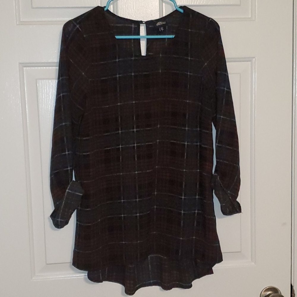 Burgundy, teal, black plaid tunic